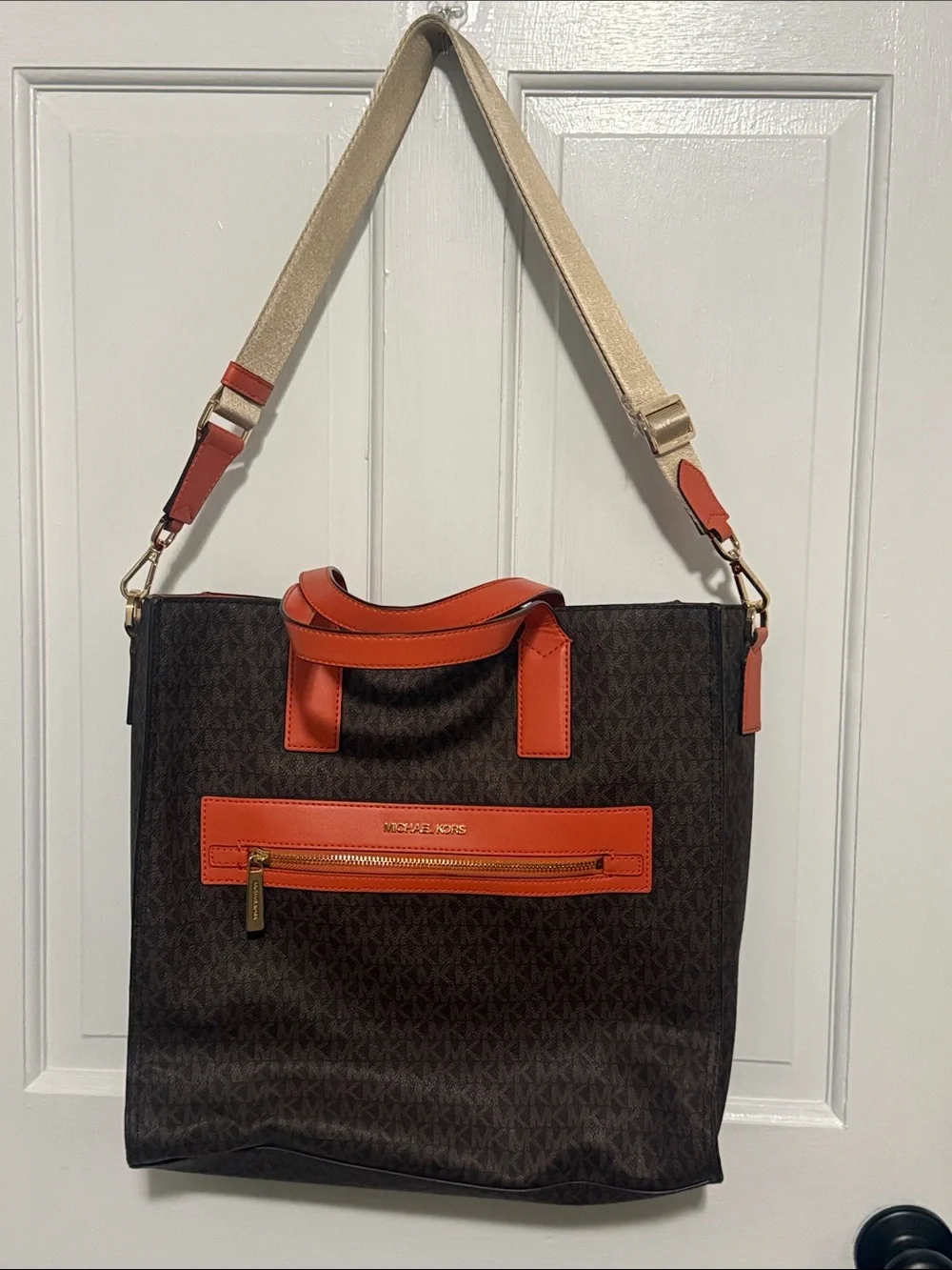 Michael Kors Brown Monogram Tote with Orange Trim